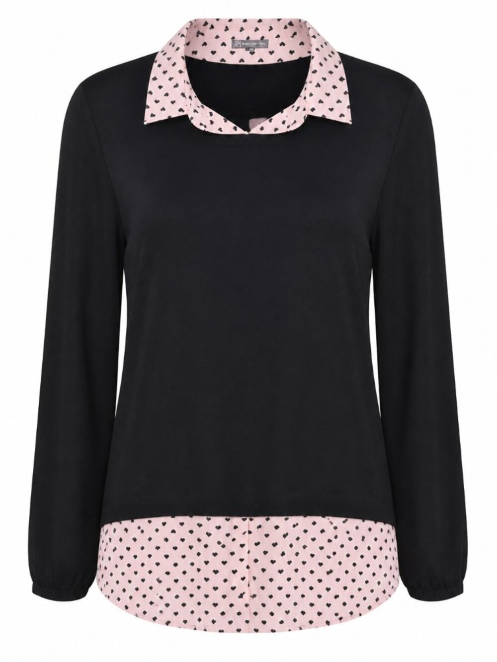 Adrianna Papell Twofer Faux Layered Collared Sweater Black with Pink Hearts LG